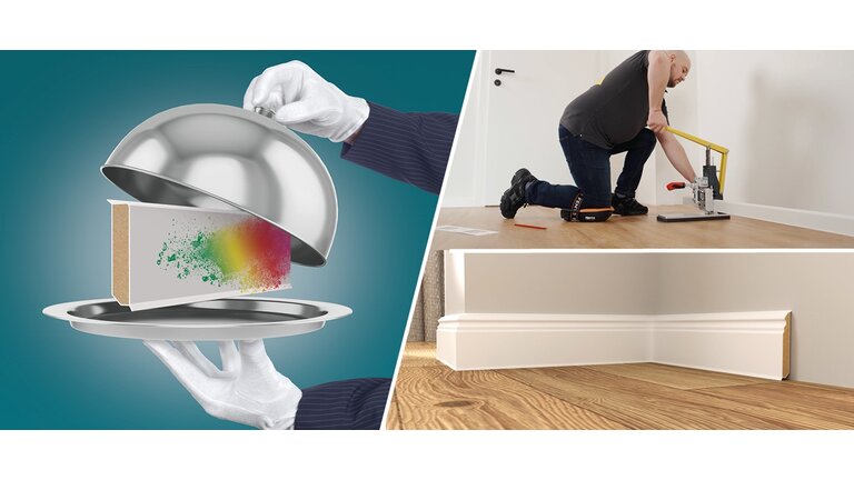 Montage und Präsentation verschiedener weißer Sockelleisten auf Parkett.